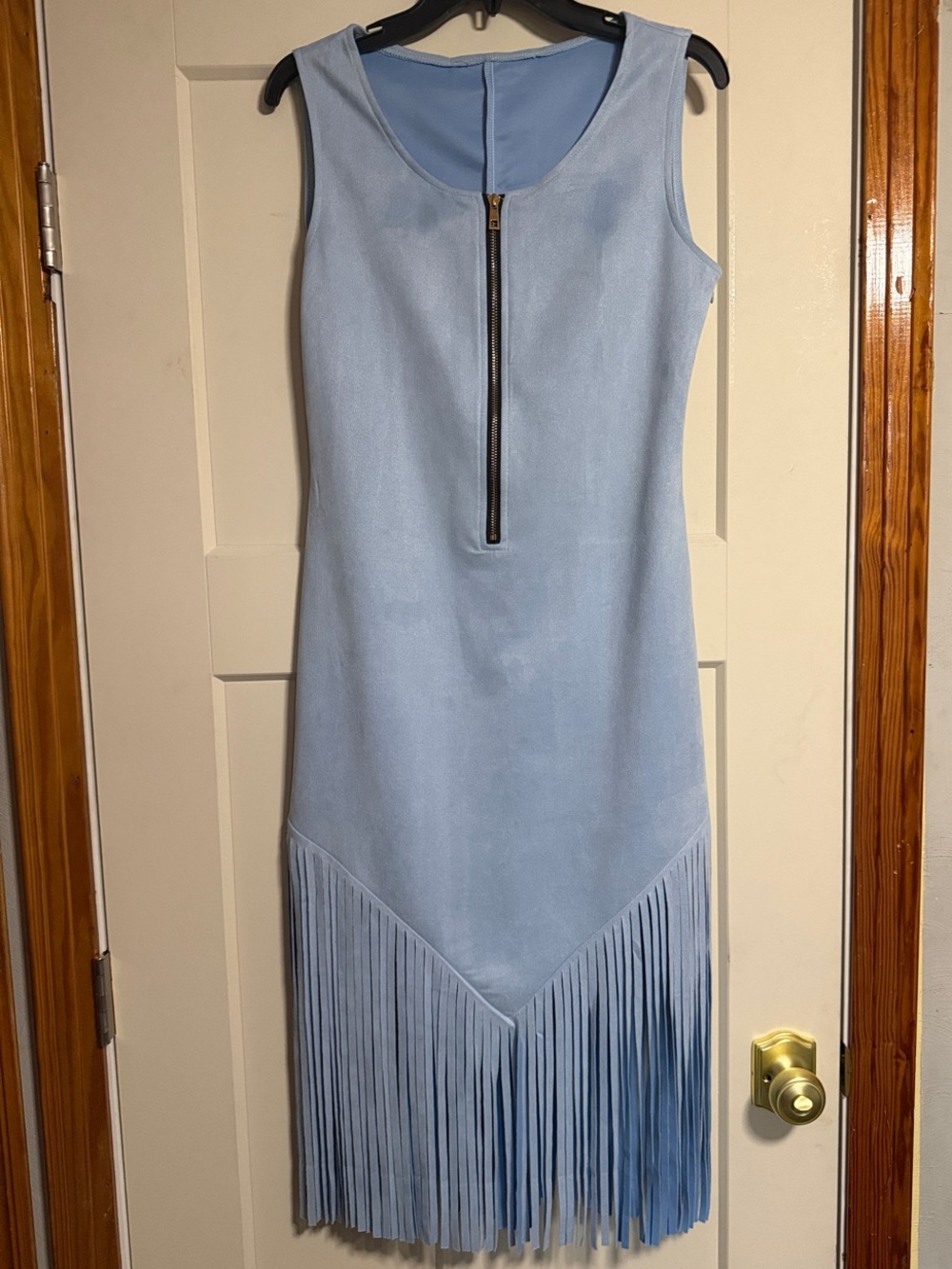 Light Blue Sleeveless Fringe Midi Dress with Front Zip Size S